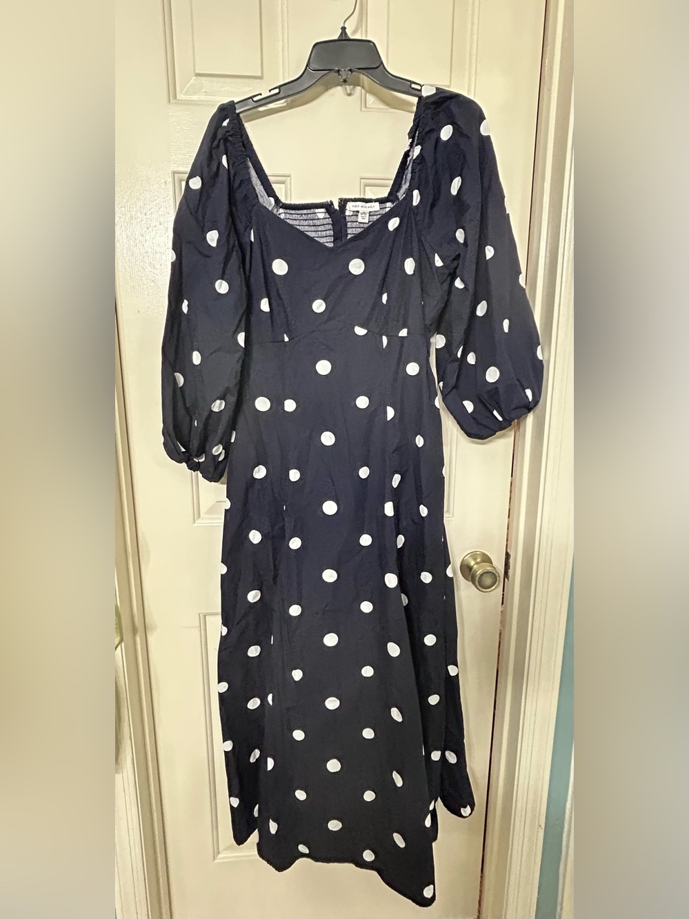 Women's Blue Polka Dot Midi Dress with Puff Sleeves